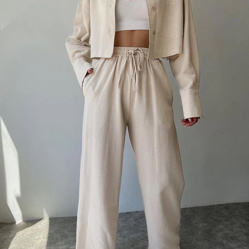 Collared Drawstring Two Piece Pants Set - Picture 2 of 2